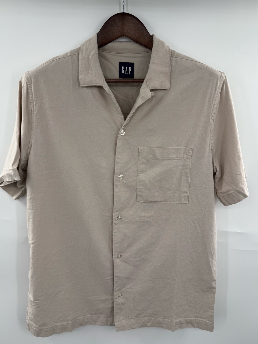 Gap Mens Size Small Linen Blend Camp Collar Shirt Beige Tan Short Sleeve GP00752